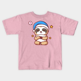 Cute Sloth Sleeping With Pillow And Star Cartoon Kids T-Shirt